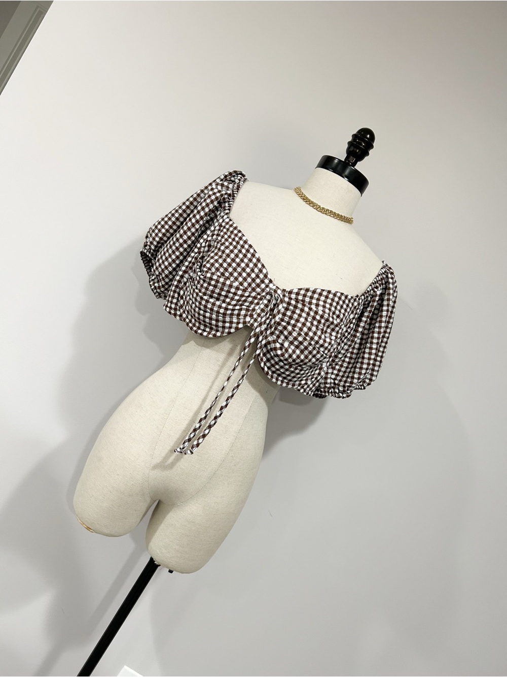 wild fable Brown Gingham Puff-Sleeve Crop Top with Front Tie